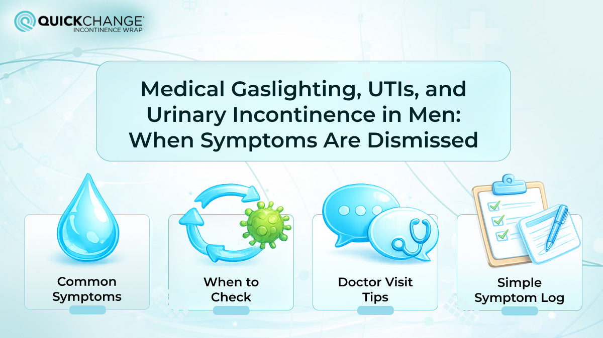 Illustration about medical gaslighting, urinary tract infections and urinary incontinence in Australian men with GP consultation guidance