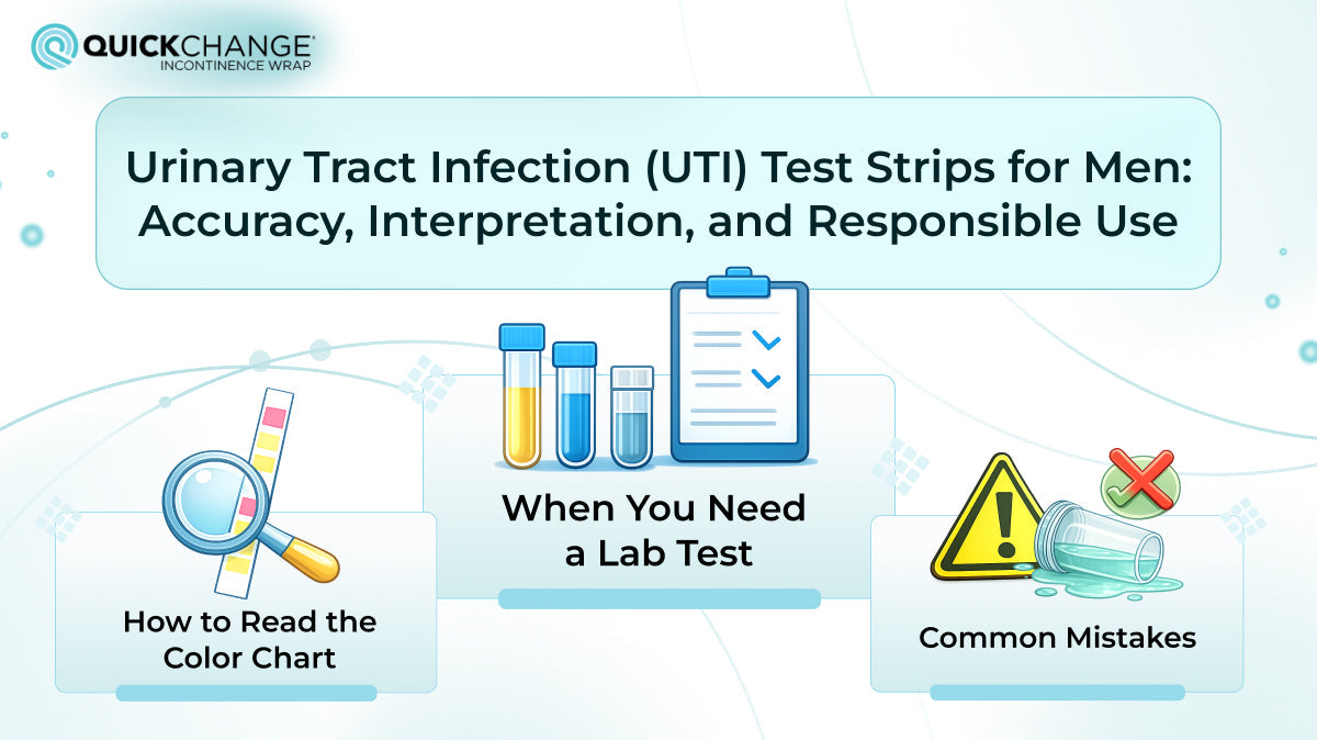 Illustration about urinary tract infection (UTI) test strips for men in Australia showing accuracy, interpretation of urine dipstick results, and common mistakes in at-home UTI testing