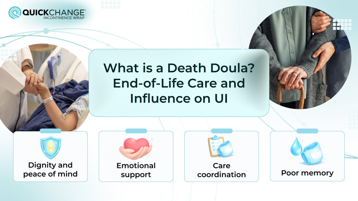 visual explaining the role of a death doula in Australia including dignity emotional support care coordination and urinary incontinence support
